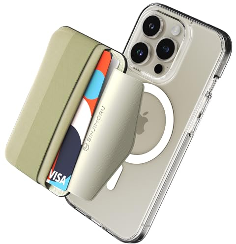 Sinjimoru Magnetischer Handy Kartenhalter für MagSafe mit elastischem Fingerhalter, Handy Kartenetui mit weichem Band kompatibel mit MagSafe Wallet für iPhone 17, 16, 15, 14 & 13 Reihe. M-Band Beige