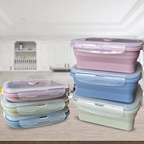 Foldable Food Storage Boxes with lid 3 Pieces Silicone Food Storage Containers Lunch Boxes Easy to Clean Easy to Carry for Camping, Hiking, Travel (800 ml)