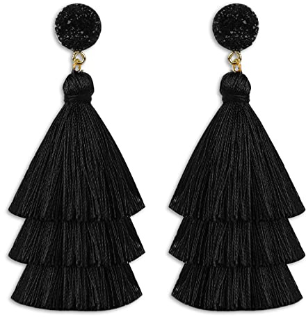 Pendientes de Borla en Capas Boho Pendientes de Hilo de Borla en Capas Pendientes Bohemios Colgantes de Borla Negro Mujer Girly