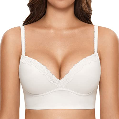 DOBREVA Push Up BH Damen ohne Bügel Soft Gepolstert Bügelloser Bralette mit Spitze Weiss 90B