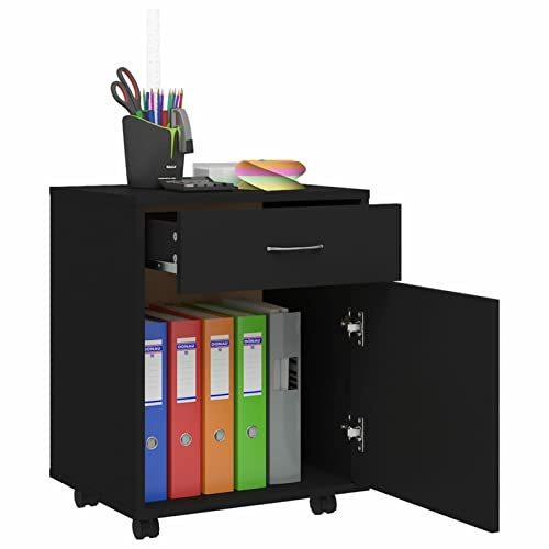 Tidyard Rollschrank Rollcontainer Schreibtisch Aktenschrank Druckertisch mit Rollen Bürocontainer Bürowagen Beistellwagen Ablage Büroschrank Beistelltisch Schrank Schwarz 45x38x54 cm Holzwerkstoff
