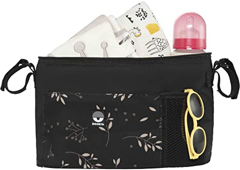 Dooky - Kinderwagen Organizer Deluxe Romantic Leaves Black - Perfekt für Unterwegs - Kinderwagentasche Baby Zubehör Wickeltasche - Wasserabweisendes Polyester - Schwarz