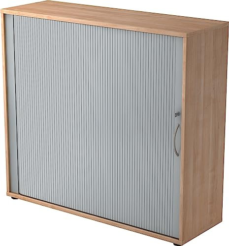 bümö Aktenschrank abschließbar mit Rollladen, Rollladenschrank für Ordner & Co. - Büroschrank mit Rollo, abschließbarer Ordnerschrank aus Holz in Nuss/Silber mit Bogengriff