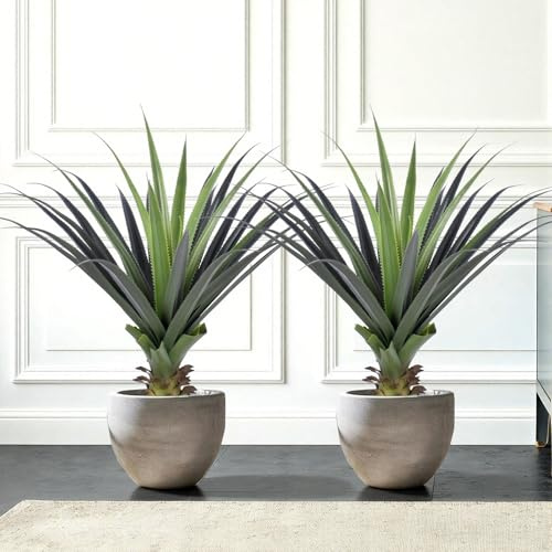 Keeplush Künstliche Agave Groß 90cm, Klein Künstliche Pflanzen mit Stacheln, Kunstpflanze für Wohnzimmer Haus Büro Balkon Garten Veranda, Terrasse Innen und Außen Deko (2 Stück)