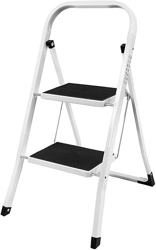 MantraRaj 2 Step Ladder Folding Step Stool Multi-Use for Household, Kitchen, Office Heavy Duty Handgrip Anti Slip Pedal Sturdy Lightweight Folding Step Ladder Easy to Store Stepladder (2 Step - White)
