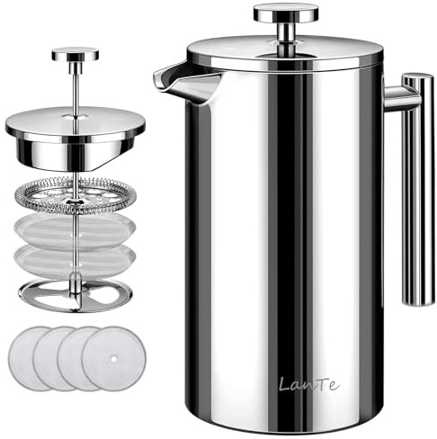 LANTE French Press Coffee Maker, 1.5L Double Insulated 304 Stainless Steel Tea Maker 4 Level Filtration System, No Coffee Grounds, Rust-Free, Dishwasher Safe 50oz Coffee Press for Family Party