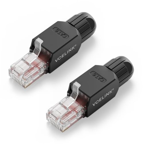 VCELINK Cat6 RJ45 Stecker Werkzeuglos, 1000 Mbit/s 250MHz | Vergoldeter Netzwerkstecker Wiederverwendbar, Kompatibel mit Router, Switch, Glasfaser-Modem und PC, Schwarz, 2 Stück