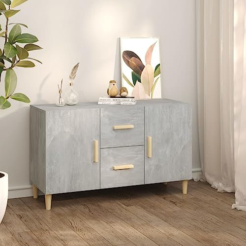 Natulvd Moderner Sideboard Buffetschrank, 100 cm Aufbewahrungsschrank Akzentschrank mit Türen & 2 Schubladen für Küche oder Wohnzimmer, Flur, Eingangsbereich, Heimdekoration – Grau