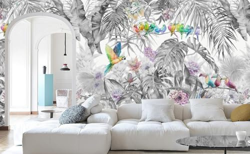 3D-Tapete Panorama Dschungel Seide Tropisch, 356 X 250 cm Schwarz und Weiß Pflanzen Blume, Blatt, Vogel Papagei Große Wandposter für Wohnzimmer, Erwachsene, Kinderzimmer, Studie Dekoration