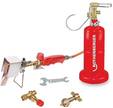 ROTHENBERGER Industrial Dachrinnen Fallrohr Lötset Kupferlötkolben | 2,0 m Propangas-Schlauch, Handwerkerflasche 0,5 kg, Propanregler 0,5-6 bar, Propanumfüllstutzen, 800°C Arbeitstemperatur