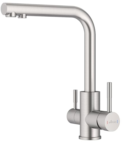 APPASO Grifo de cocina de 3 vías, giratorio 360°, grifo de cocina 3 en 1 para filtro de agua, acero inoxidable 304, grifo de agua potable con 2 palancas, níquel cepillado y alta presión