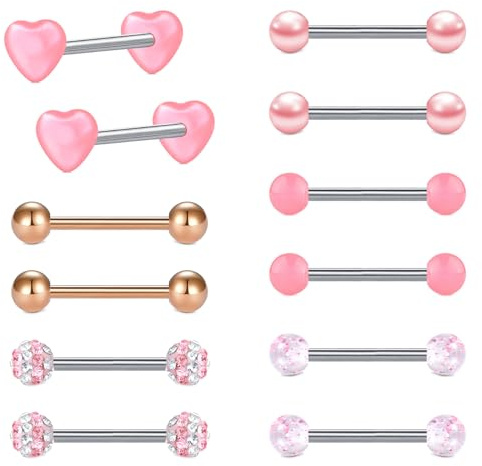 LAURITAMI 6 Paar Zungenpiercing Brustwarzenpiercing Edelstahl 1.6mm 14mm Stab Barbell Piercing Zunge Brustwarze Nippel Bars
