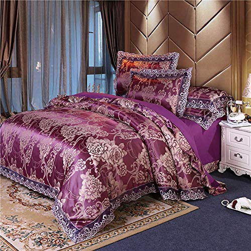 Bettwäsche-Set Seidenbettwäsche-Set King Size, Doppel-Bettbezug-Set Blau, Doppel-Bettwäsche-Set Bettwäsche-Set King Size Seidensatin Jacquard-Spitze Doppelbett Twin Gold Lila Blumen 4-tlg. Dekoration