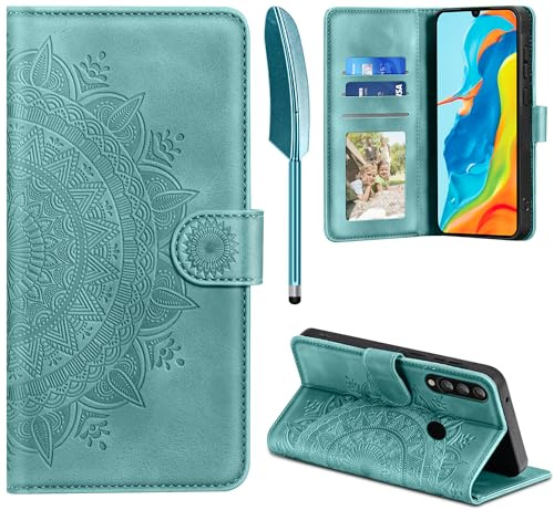 EASDNB Lederhülle für Huawei P30 Lite Klapphülle Premium Leder Hülle | Flip Wallet mit Prägung, 3 Kartenfächer, Ständer, Stoßfeste, Magnetverschluss, RFID Blockierung Handyhülle, Grün