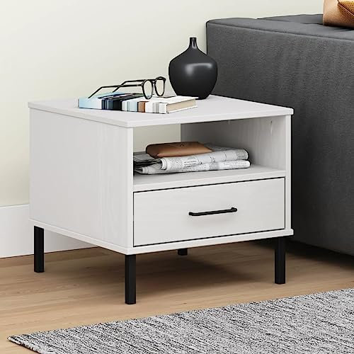Nachttisch mit 1 Schubladen und 1 offene Fächer, Metallbeinen, Zeitungstisch, Beistelltisch, 50 x 50 x 45 cm, Industrieller Stil Telefontisch, Robust und Langlebig, Massivholz Kiefer