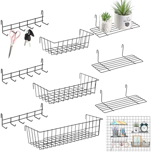Yaocom 9 Pcs Grid Wall Shelves Gridwall Accessories Wall Grid Panel Hanging Basket with Hooks Set Includes 3 Basket 3 Wire Straight Shelf 3 Hooks Rack for Home Storage Display Organizer(Black)