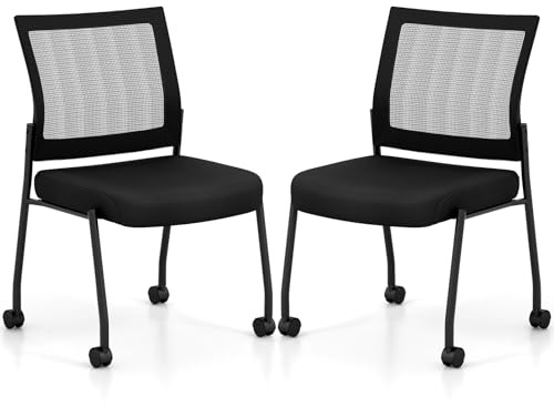COSTWAY Konferenzstühle 2er Set, stapelbare Besucherstühle mit Rollen, Netzrücken & gepolsterter Sitz, armlose Stapelstühle für Büro, Konferenz, Schwarz