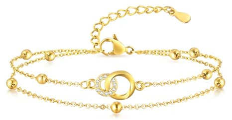 Damen Armbänder aus Kupfer mit 18K Vergoldet, Doppelring Armband mit Möbiusring Anhänger für Mama Ehefrau Freundin, Armkette Damenarmband Geschenk für Geburtstag Muttertag, Verstellbar 16+5cm (Gold)