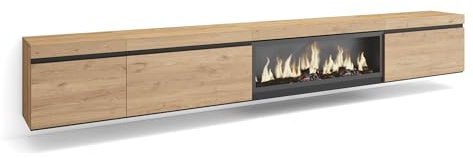 Skraut Home | Meuble TV | Banc Télé | Grand Espace de Rangement | 317x45x35 cm | Cheminée électrique XXL | Suspendu, Mural | Style Moderne | Chêne
