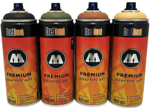 Sprühdosen Set Molotov Belton Camouflage Tarnfarben Woodland - 4x400ml, schnell trocknend, hohe Deckkraft, UV- beständig, sehr ergiebig, Nitro-Alkydal-Verbindung für KFZ, Softair, Graffiti