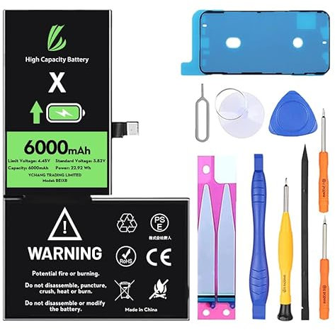 LL TRADER Akku für iPhone X, 6000 mAh hohe Kapazität Lithium-Polymer-Akku mit Reparaturwerkzeug