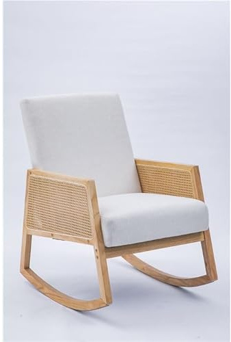Shiito | Modelo VIKTORYA JC - Butaca Mecedora de salón | Cojines Acolchados y Marco de Madera Natural y ratán | Diseño y Comodidad a tu Alcance | Color Blanco - 58x98x82 cm