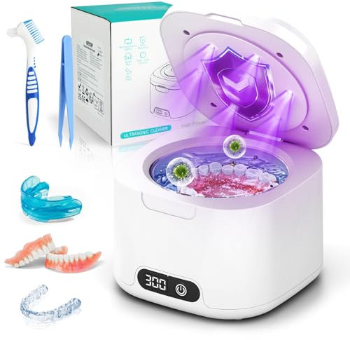 OFFCUP Ultrasonic Retainer Cleaner, 49kHz Ultrasonic Denture Cleaner with UV-Light, 4 Modes, Digital Timer, 340ML Portable Cleaning Machine for Dentures Mouth Guards Toothbrush Heads Jewelry