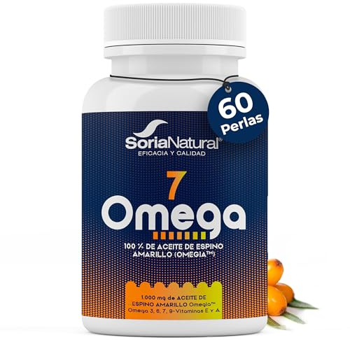Omega 7 Aceite de Espino Amarillo - Con Omega 3, 6, 7 y 9 - Con Vitaminas E y A - Bienestar y Cuidado de la Piel - Salud de la Vista - Efecto Antioxidante - 60 Perlas