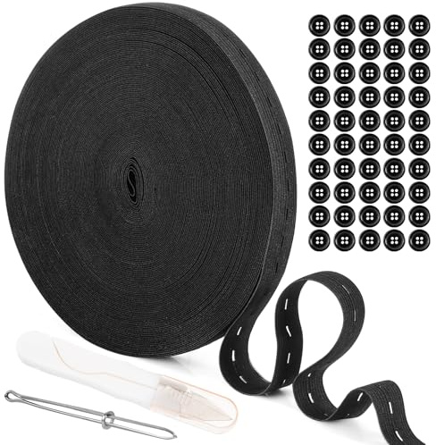 30M Gummiband Nähen mit Knopfösen, 20mm Gummiband Schwarz mit 50 Knöpfe, Hosengummi, Gummilitze Elastisches für Haushalt DIY Handwerk