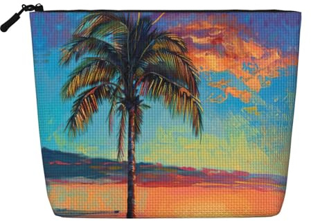 Sunset Palm Print Fake Hemp Makeup Bag â€“ Travel Toiletry Pouch for Women, Daily Storage, Business Trips, and More