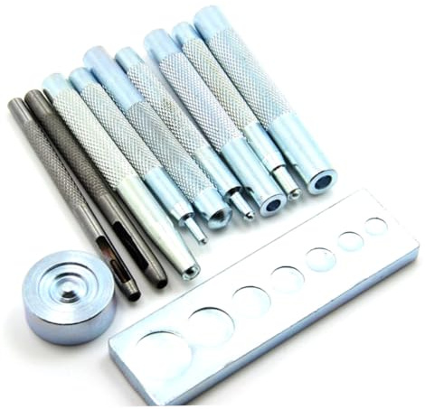 AKOOSY 11 Piezas Kit para Manualidades con Herramientas de Metal para Perforar y Colocar Botones Presión Remaches y Ojales con Base y Mango Ergonómico para DIY