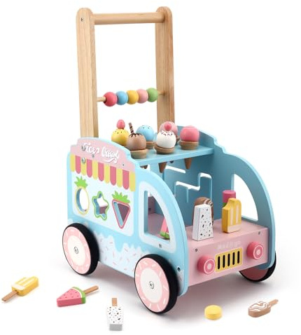 Lauflernwagen Holz, Multifunktion Baby Lauflernhilfe im Eiswagen-Thema, mit Motorikspielzeug, Sortierspiel, Ablagefach & Bremssystem, laufwagen baby für Babys ab 10 Monate (Höhe Einstellbar)
