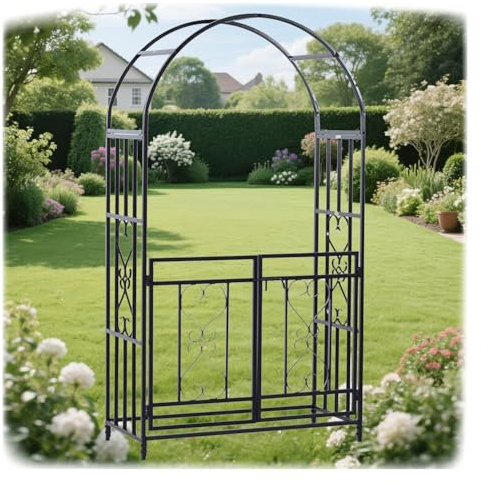 Arche de jardin en métal avec portail de 210,8 cm de haut, treillis autoportant pour plantes grimpantes, pergola, entrée pour cour, design noir élégant, parfait pour la décoration extérieure