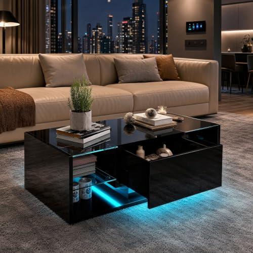 Mesa de centro brillante LED, mesa de centro cuadrada con 4 estantes de cristal y cajón de almacenamiento, mesa de salón moderna, colgante de nórdico mesas de café para sala de estar/dormitorio (negro