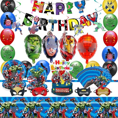 Kit de décoration pour fêtes d'anniversaire de garçons, Ensemble de 72 pièces sur le thème du cinéma, Comprenant bannière, Nappe, Assiettes carton, Ballons, Serviettes papier, Masques pour les yeux