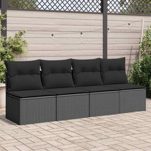 Kaloriko Trädgårdssoffa med kudde, 4-sitsig svart, väderbeständig loungesoffa i polyratin, modulär design för terrass, balkong, trädgårdsmöbler set