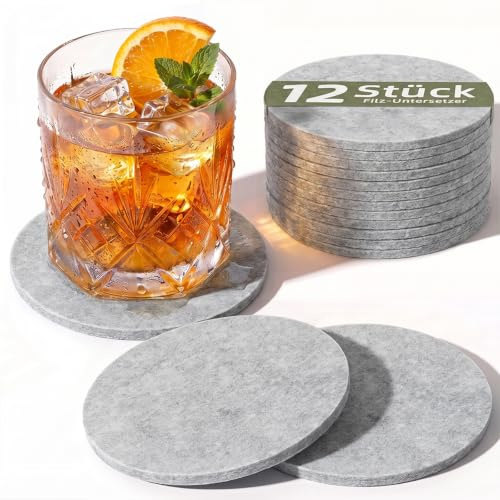 HELIMIAO Filz Untersetzer Gläser Rund, 5mm Extra Dicke Glasuntersetzer für Getränke, Waschbar Tischuntersetzer, Platzsets für Bar, Tassen, Vasen, Hellgrau 12 Stück