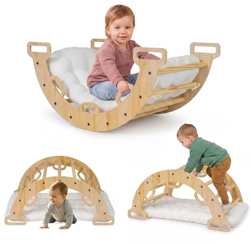 COSTWAY Wooden Rocking Climbing Arch (Natural) | 3-in-1 Montessori Kids Climber Rocker for Toddlers, Indoor Gym Playground Climbing Ladder Toy with Cushion for Ages 3+