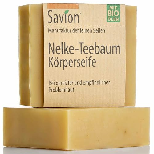 Savion Naturseife Nelke-Teebaum gegen Juckreiz & Ekzeme | Für trockene & empfindliche Haut | Hoch rückfettend (10%) | Vegan | Made in Germany