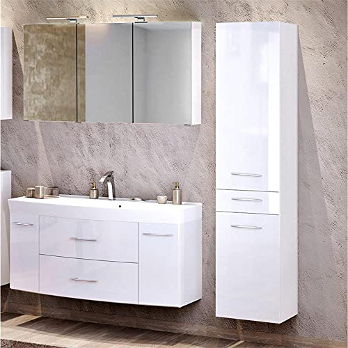 Lomadox Badezimmer Waschplatz Set in Hochglanz weiß 120cm Waschtisch & Unterschrank Waschbecken 3D Spiegelschrank & LED-Leuchten Steckdose Hochschrank & Türen
