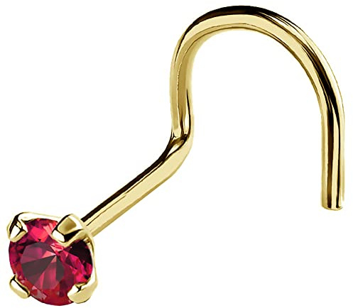 22G Solid 14Kt Gold Nose Screw Stud with Prong Set real Ruby Gemstone, 14kt Yellow Gold or 14kt White Gold - July Birthstone Nose Ring, Metal, ruby