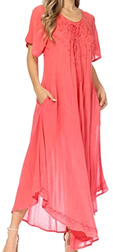 Sakkas Lilia Embroidered Lace Up Bodice Relaxed Fit Maxi Sun Dress Beach Caftan