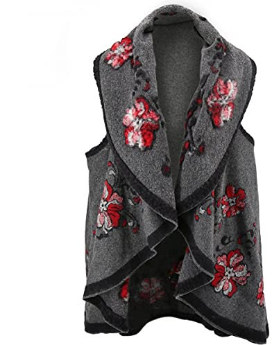 Hollert Damen Merino Poncho Stola Cape Umhang Cardigan Einheitsgröße versch. Farben Farbe Schwarz/Rot