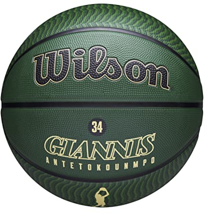 Wilson Pallone da Basket, NBA Player Icon Outdoor, Giannis Antetokounmpo, Milwaukee Bucks, Utilizzo Indoor e Outdoor, Taglia: 7, Verde/Beige