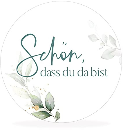 50 runde Aufkleber, Sticker „Schön, dass du da bist“ | stilvolles Design: eukalyptus türkis | 4cm Durchmesser | selbstklebend | Gastgeschenke für Hochzeit Taufe Geburtstag