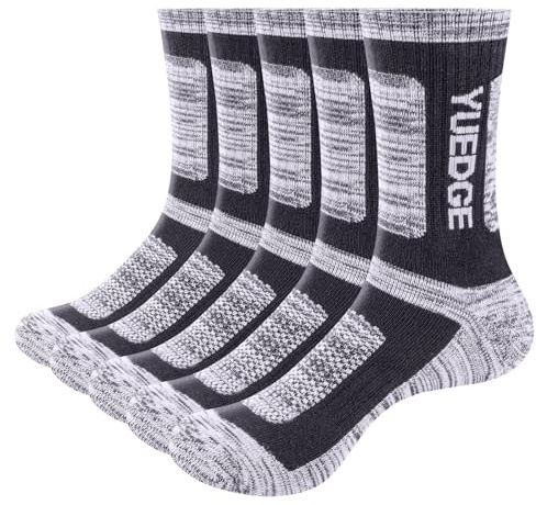 YUEDGE Men's Moisture Wicking Breathable Anti Blister Cushioned Casual Crew Socks Comfort Work Socks Multi Performance Hiking Walking Athletic Sports Socks For Men 9-12, 5 Pairs