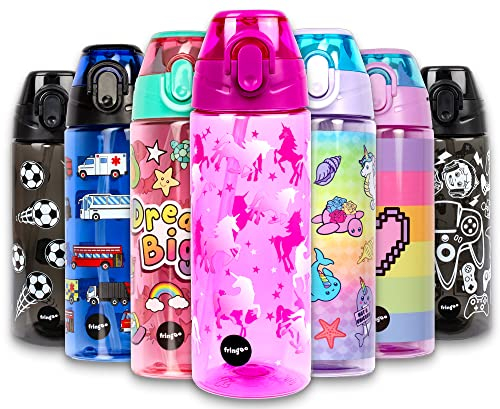 Fringoo Kinder-Wasserflasche mit Strohhalm, 100% auslaufsicher, BPA-frei, 600 ml Flasche für Schule, Kindergarten | Reiseflasche für Kinder | Sportwasserflasche (Unicorn Ombre, 600 ml)