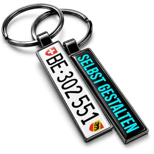 SONZE Personalisierter CH-Kennzeichen Schlüsselanhänger beidseitig bedruckt mit Name Logo Foto Text - Schweizer Nummernschild als Individueller Metall Autoschlüssel-Anhänger selbst gestalten