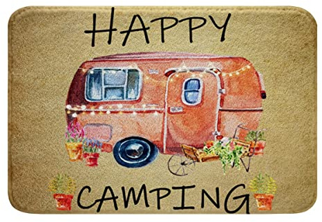 Wasserfarbene Camper Badematte rutschfest 40 x 60 cm Happy Camping Badezimmerteppich für Wohnmobil niedlicher rustikaler Bauernhaus Badeteppich Retro Reise Camper Fußmatte Plüsch Shaggy Teppich