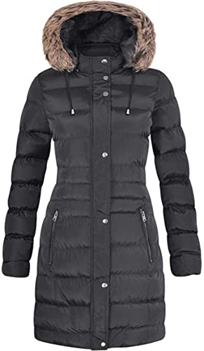 Spindle Womens Long Fur Trimmed Hooded Padded Puffer Parka Ladies Winter Jacket Coat (Black, 20)